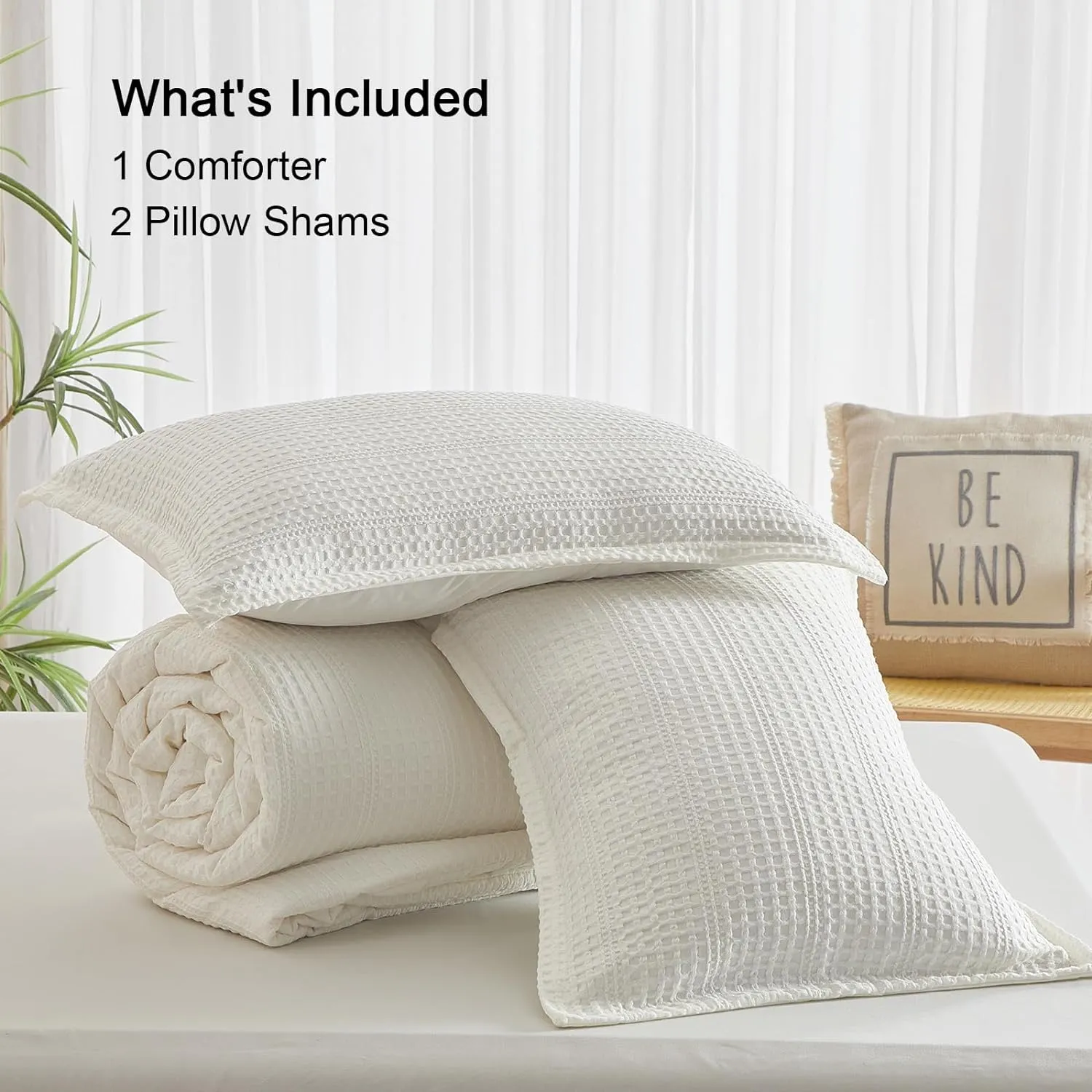 PHF Soft Waffle Comforter Set Queen Size- Comfy Breathable Waffle Weave Comforter with 2 Pillow Shams, 3 Pieces No Snagging Lightweight Bedding Set for All Season, Cream
