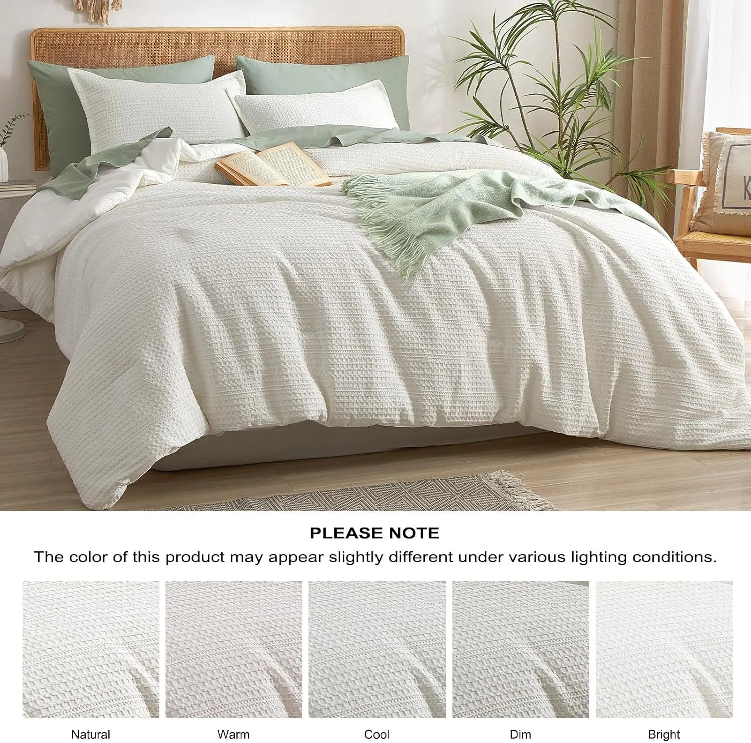 PHF Soft Waffle Comforter Set Queen Size- Comfy Breathable Waffle Weave Comforter with 2 Pillow Shams, 3 Pieces No Snagging Lightweight Bedding Set for All Season, Cream