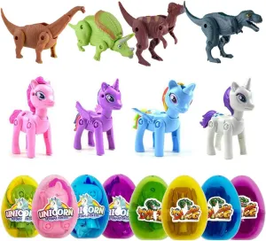 Pinkiwine 8 Pack Jumbo Unicorn & Dinosaur Deformation Eggs Prefilled Plastic Easter Eggs with Toys Inside for Kids Boys Girls Toddlers Easter Basket Stuffers Gifts Fillers Party Favors