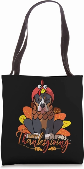 Pitbull Dog Greets Happy Thanksgiving Turkey Black Tote Bag