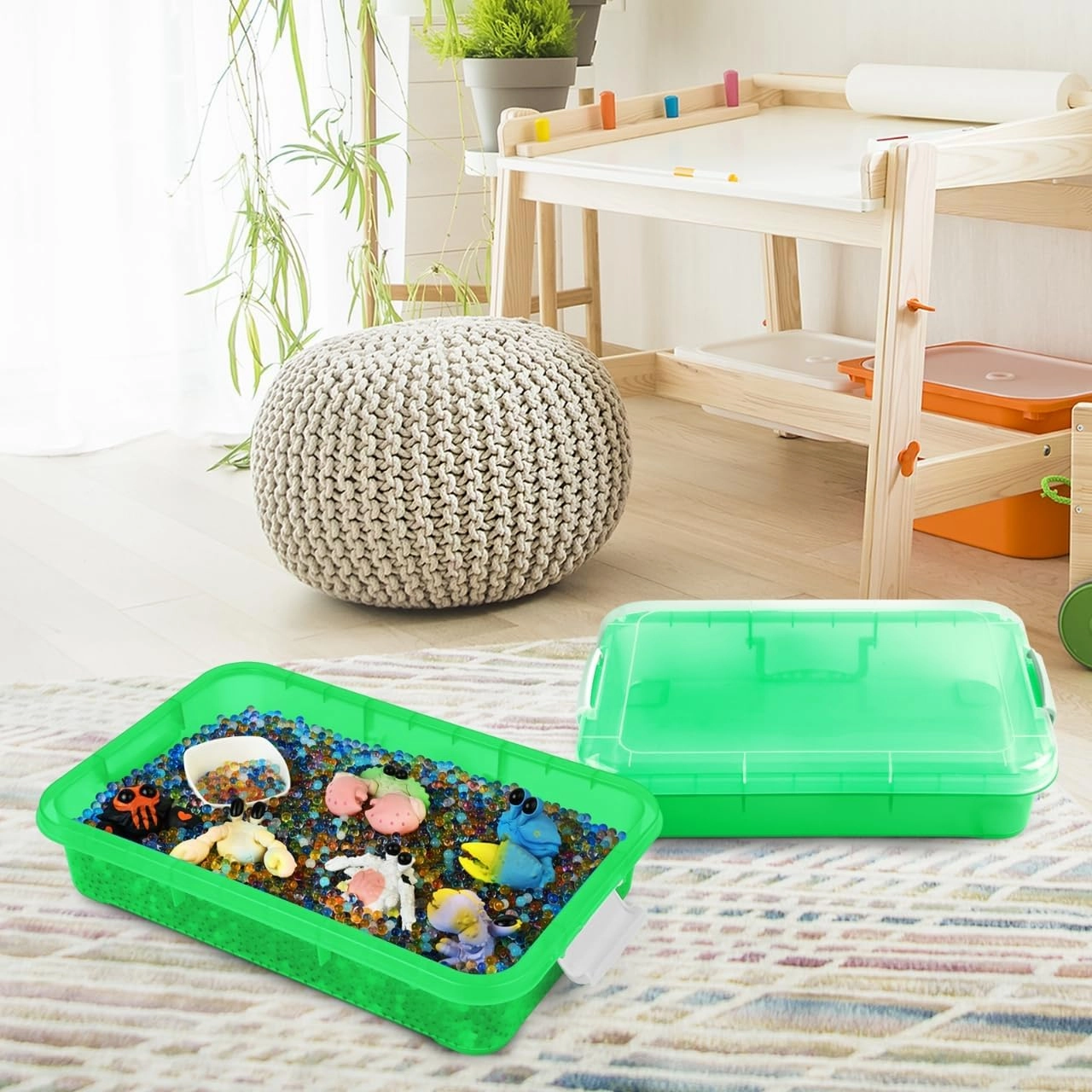 Plastic Activity Tray with lid for Slime, Beads, Sand and Sensory Toys – 15 Inches (2 Pack)