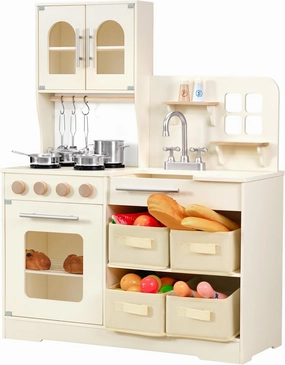 Play Kitchen for Kids Wooden Toy Playset with Storage System, Chef Pretend Play Set with Oven, Utensils, Cupboard, Sink, Clicking Knobs, Toddler Kitchen Play for Ages 3 