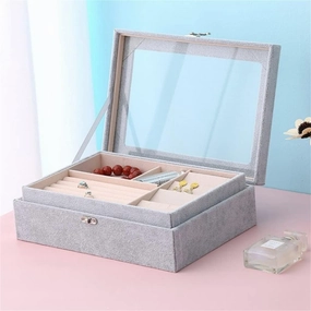 Portable Velvet Carrying Case with Glass Jewelry Display Tray Holder Storage Box Organizer Earrings Necklaces(white-Dinosaur Doodle4)