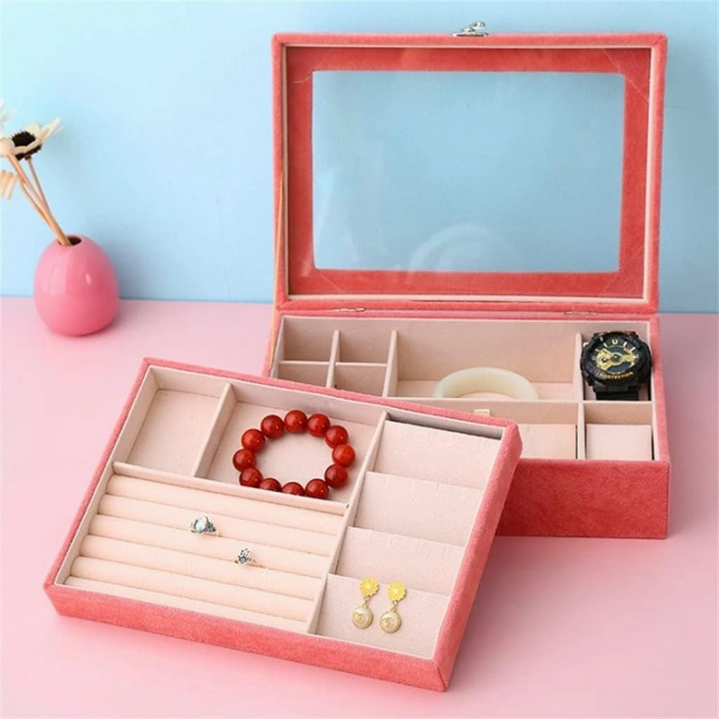 Portable Velvet Carrying Case with Glass Jewelry Display Tray Holder Storage Box Organizer Earrings Necklaces(white-Dinosaur Doodle4)