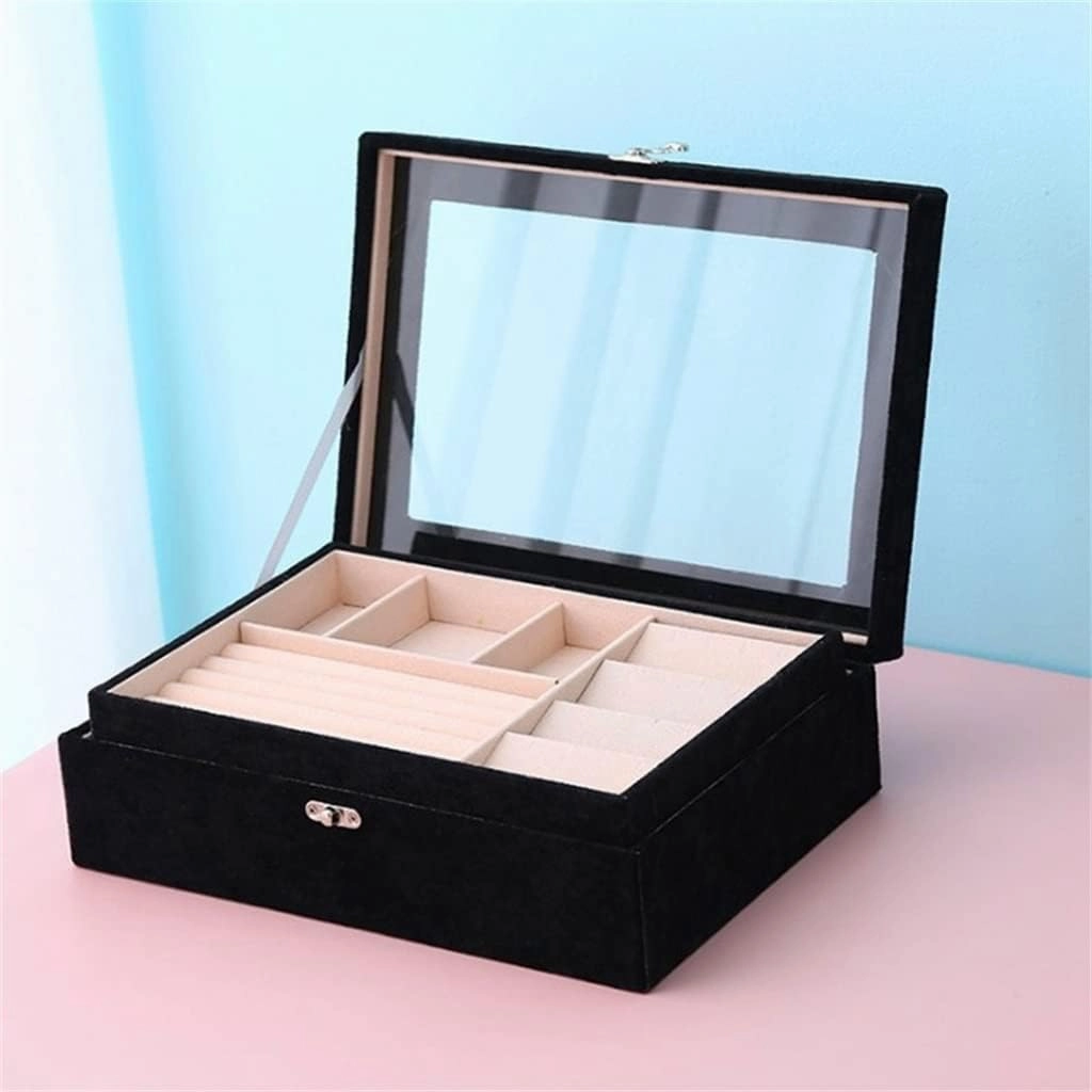 Portable Velvet Carrying Case with Glass Jewelry Display Tray Holder Storage Box Organizer Earrings Necklaces(white-Dinosaur Doodle4)