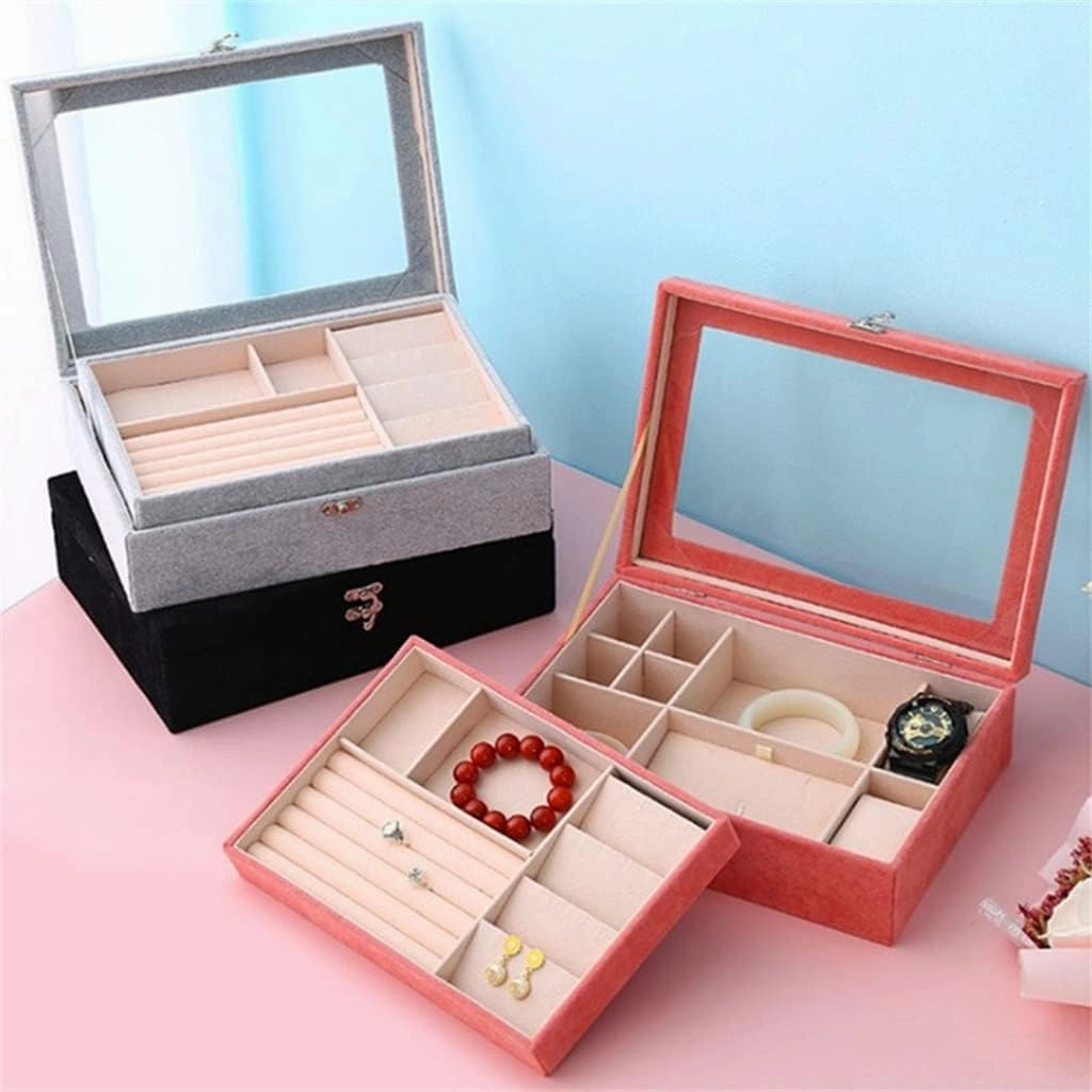 Portable Velvet Carrying Case with Glass Jewelry Display Tray Holder Storage Box Organizer Earrings Necklaces(white-Dinosaur Doodle4)