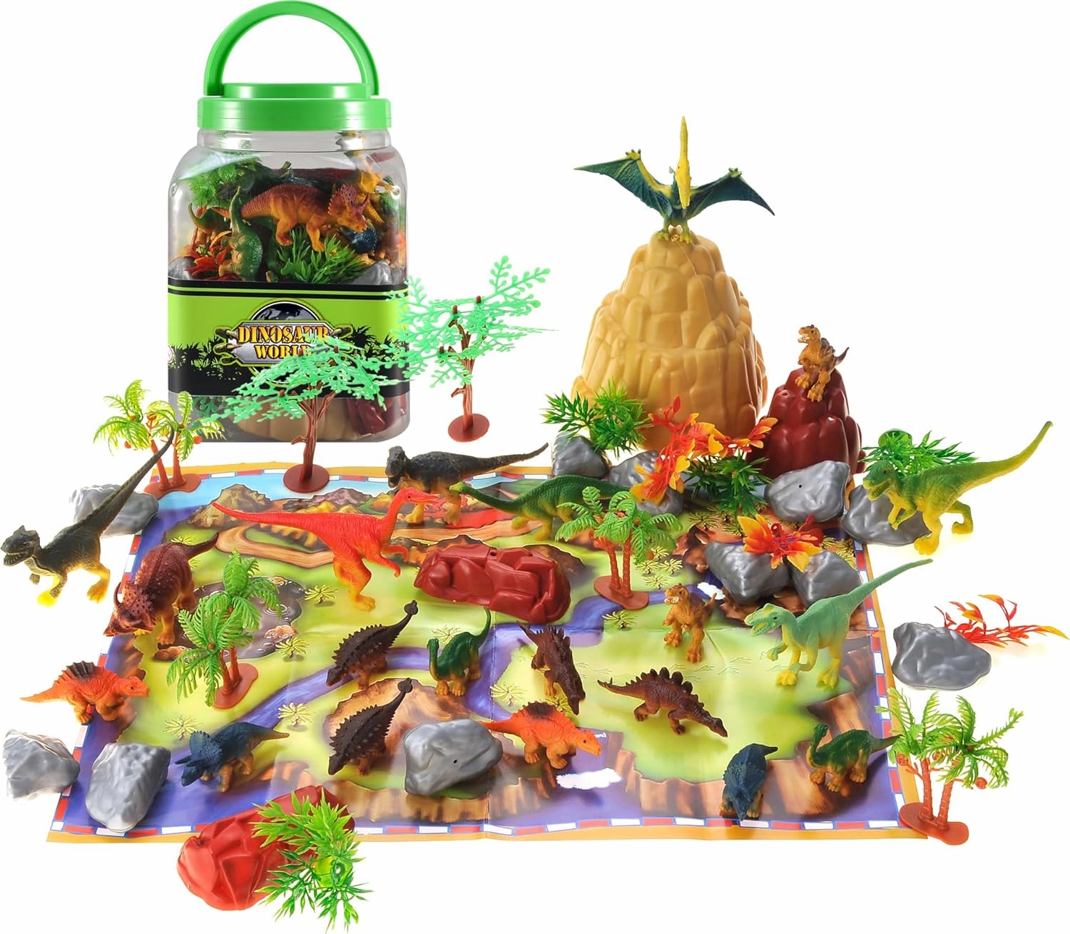 PowerTRC Jurassic Dinosaur Figures Playset with Trees, Rocks, Playmat & Container, Create a Realistic Prehistoric Dino Park, Dinosaur Toys for Kids 3-5, Gift for Boys and Girls 3 4 5 6 7