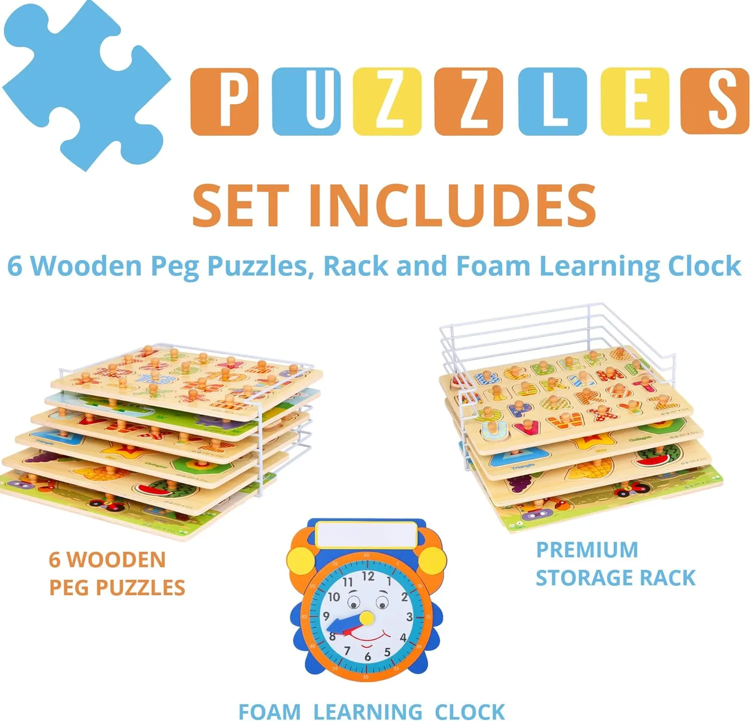 Premium Puzzles for Toddlers and Rack Set - (7 Pack) Includes 1 Learning Clock - 6 Alphabet, Numbers, Shapes, Animals, Cars, Fruits Puzzles