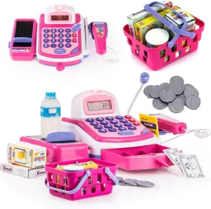 PREXTEX Pretend and Play Electronic Toy Cash Register, Shopping Till Includes Play Money, Scanner, Calculator, Mic Speaker for Kids, Great Gift for 3  Year Old Girls and Boys