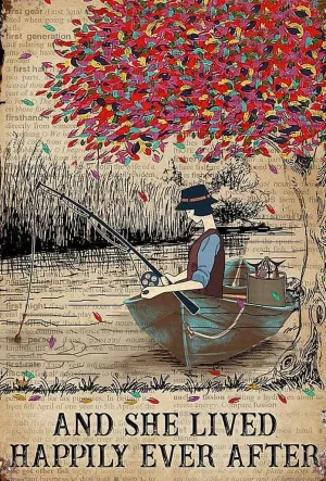 Puzzles 1000 Pcs Funny Dictionary Vintage Fishing Girl Lived Happily Makes A Gift for Thick Sturdy Party Games Props Gift for Women Men 29.5x19.7 Inch