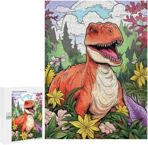 Puzzles for Adults 500 Pieces - Cartoon Dinosaur Flowers Jungle Challenging Gift for Puzzle Lovers, Fun Time with Friends, Displayable Wall Decor