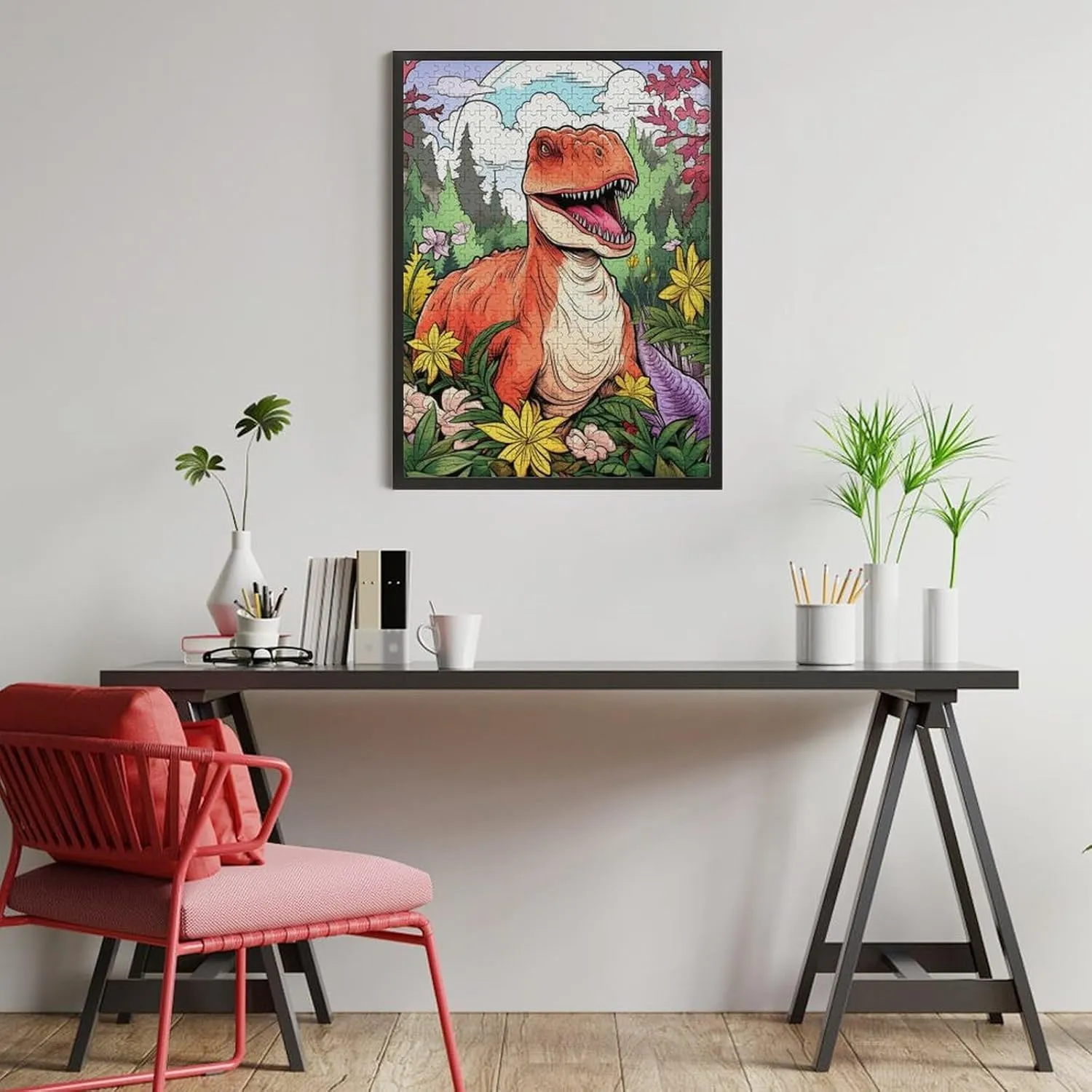 Puzzles for Adults 500 Pieces - Cartoon Dinosaur Flowers Jungle Challenging Gift for Puzzle Lovers, Fun Time with Friends, Displayable Wall Decor