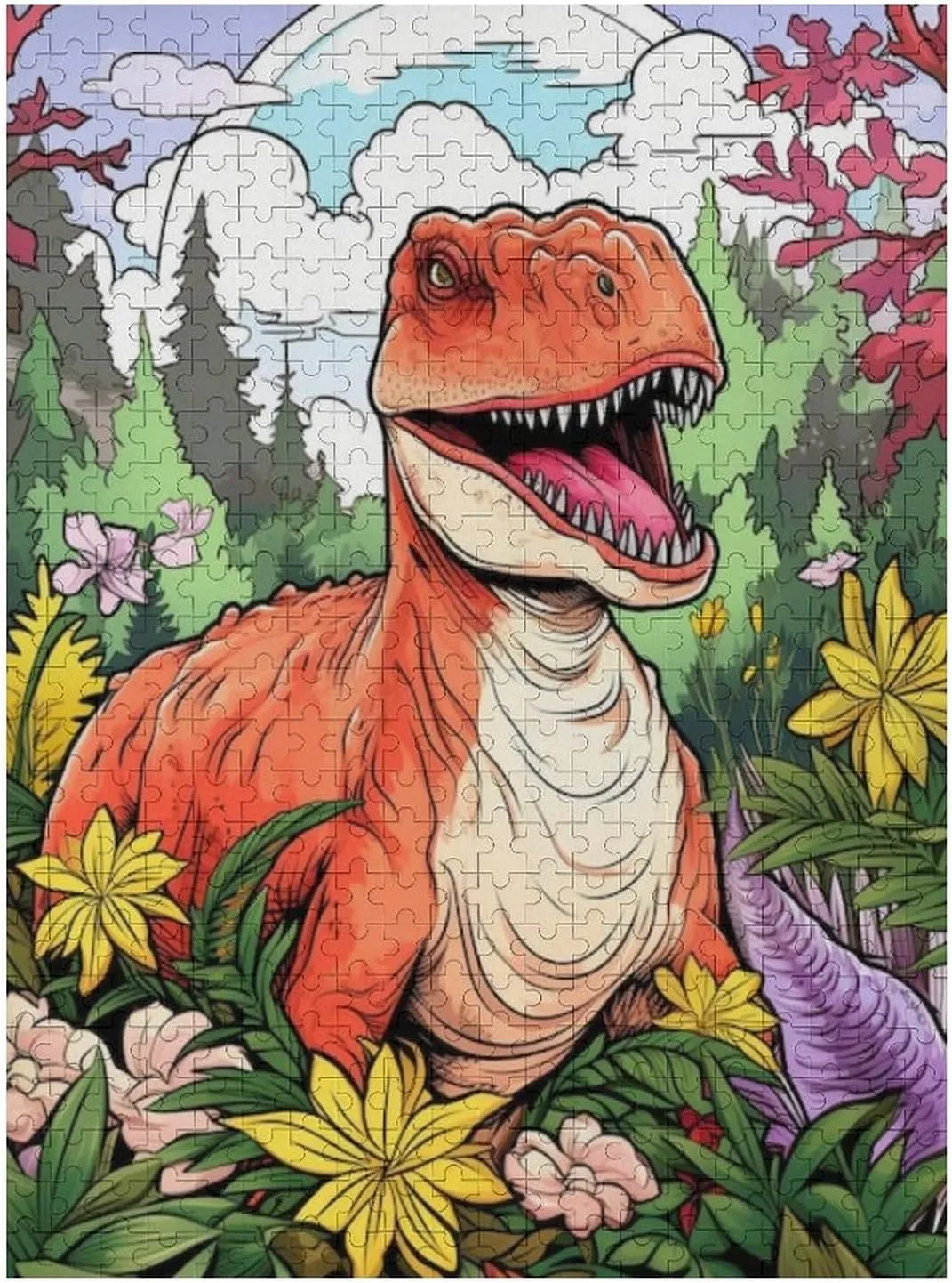 Puzzles for Adults 500 Pieces - Cartoon Dinosaur Flowers Jungle Challenging Gift for Puzzle Lovers, Fun Time with Friends, Displayable Wall Decor