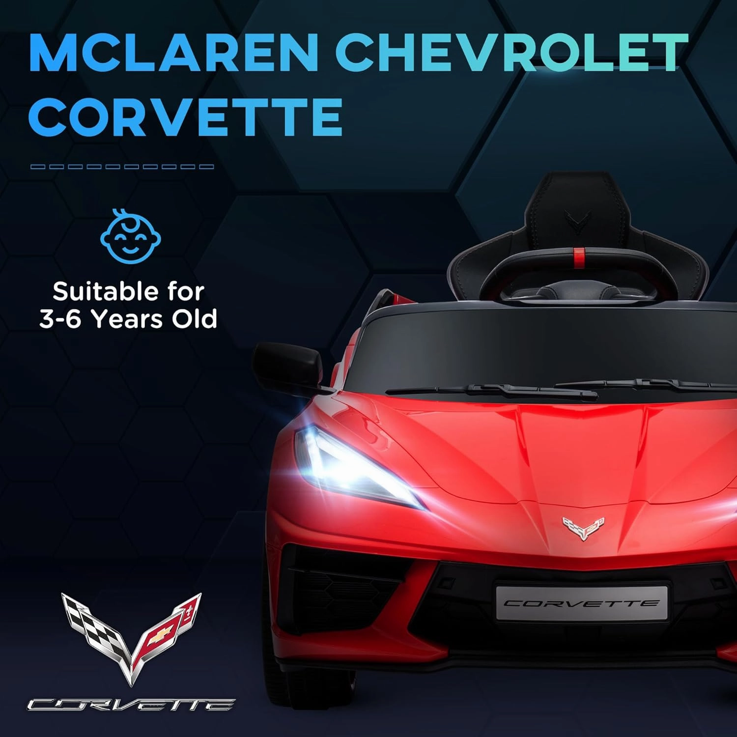 Qaba Electric Car, 12V Chevrolet Corvette Licensed Kids Car with Parent Remote Control, Suspension System, Headlight, Slow Start, Toddler Ride On Car for 3-6 Years, Red
