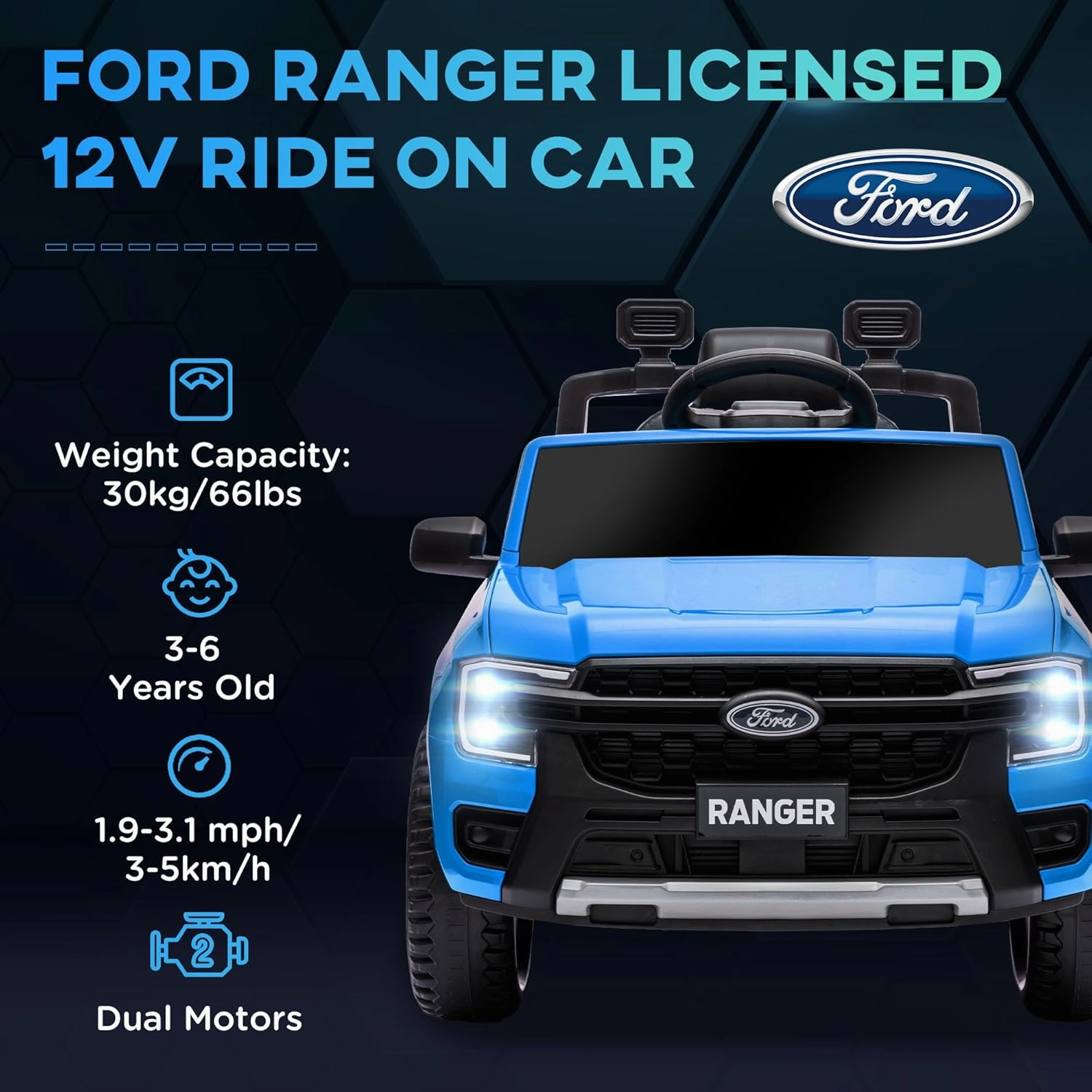 Qaba Ford Ranger Licensed 12V Kids Ride on Truck, Toddler Electric Car with Remote Control, Toy Storage, Spring Suspension, LED Headlights, Music Horn, for Ages 3-6 Years, Blue