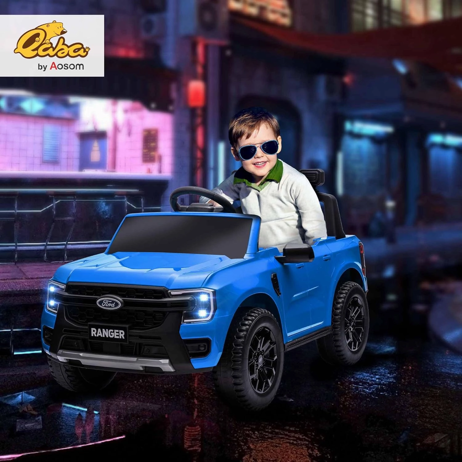Qaba Ford Ranger Licensed 12V Kids Ride on Truck, Toddler Electric Car with Remote Control, Toy Storage, Spring Suspension, LED Headlights, Music Horn, for Ages 3-6 Years, Blue