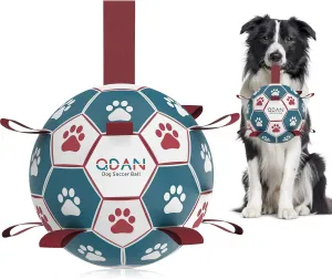 QDAN Dog Balls Toys, Soccer Ball with Straps, Puppy Birthday Gifts, Dog Water Toy, Durable Herding Balls for Small Medium Dogs, Interactive Toys for Tug of War (6 Inch)