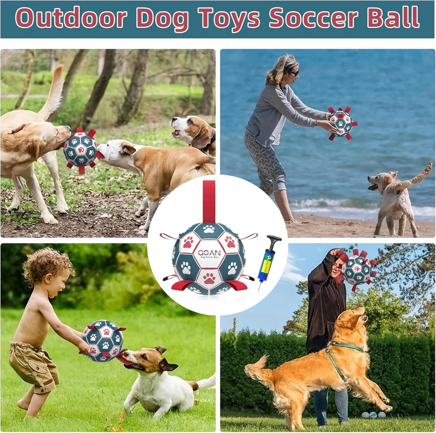 QDAN Dog Balls Toys, Soccer Ball with Straps, Puppy Birthday Gifts, Dog Water Toy, Durable Herding Balls for Small Medium Dogs, Interactive Toys for Tug of War (6 Inch)