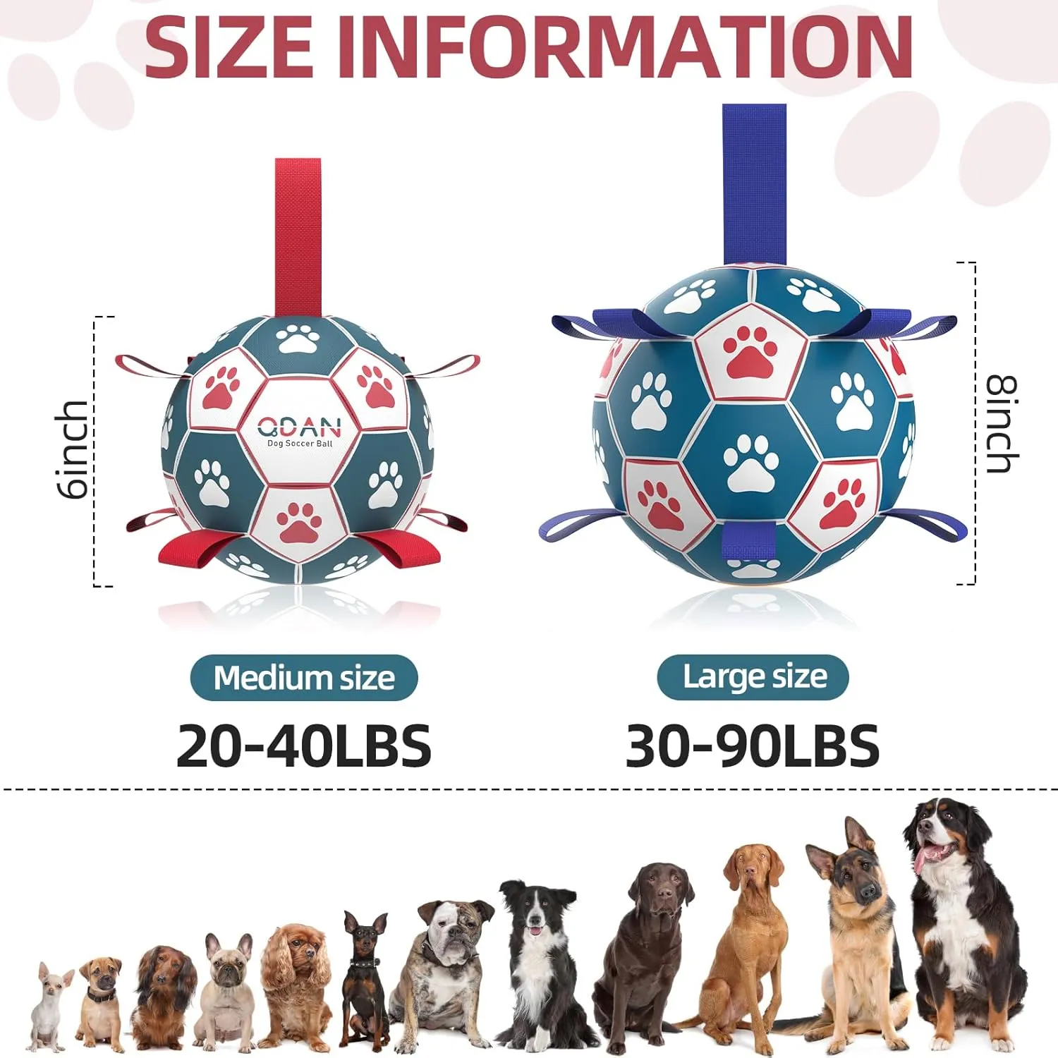 QDAN Dog Balls Toys, Soccer Ball with Straps, Puppy Birthday Gifts, Dog Water Toy, Durable Herding Balls for Small Medium Dogs, Interactive Toys for Tug of War (6 Inch)