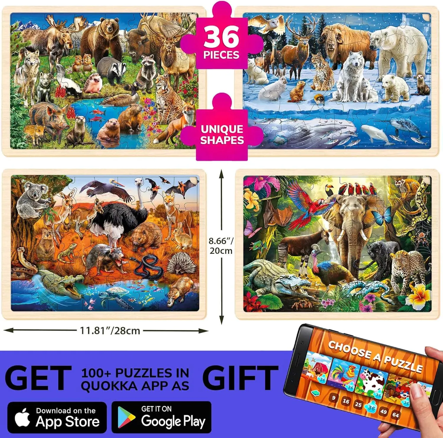QUOKKA 4SET Puzzles for Kids Ages 4-6 - 36 Pcs Wooden Realistic Montessori Puzzles Ages 3-5 - Polar & Tropical Regions, Yellowstone & Australian Animals Learning Games for Boys and Girls 4-8 Year Old