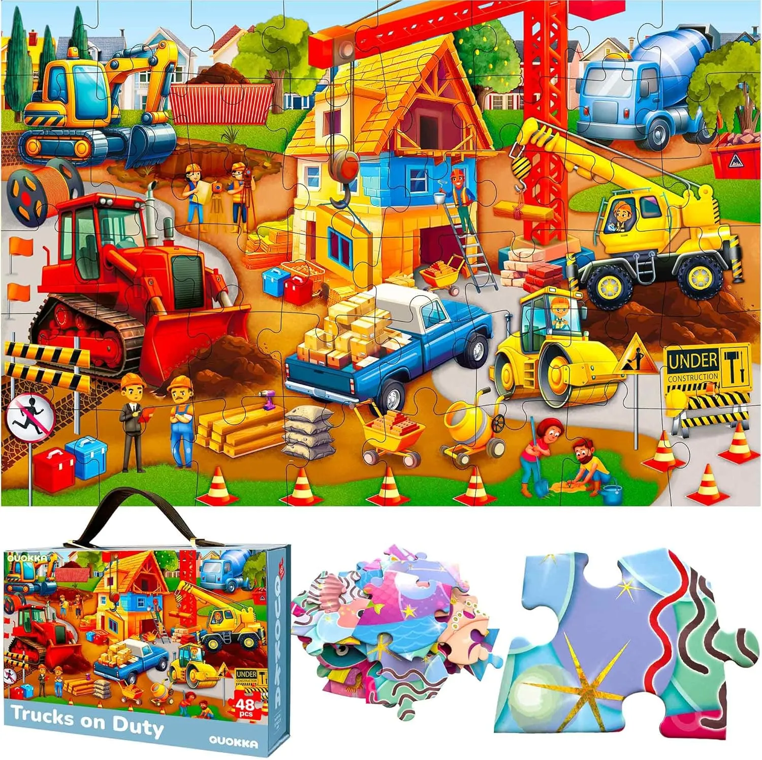 QUOKKA Giant Floor Puzzle for Kids Ages 4-6 – 2x3 Feet Extra-Thick 48 Pieces Toddler Puzzle Ages 3-5 – Construction Educational Activity for Boys Girls – Premium Box with Sturdy Handle & Magnetic