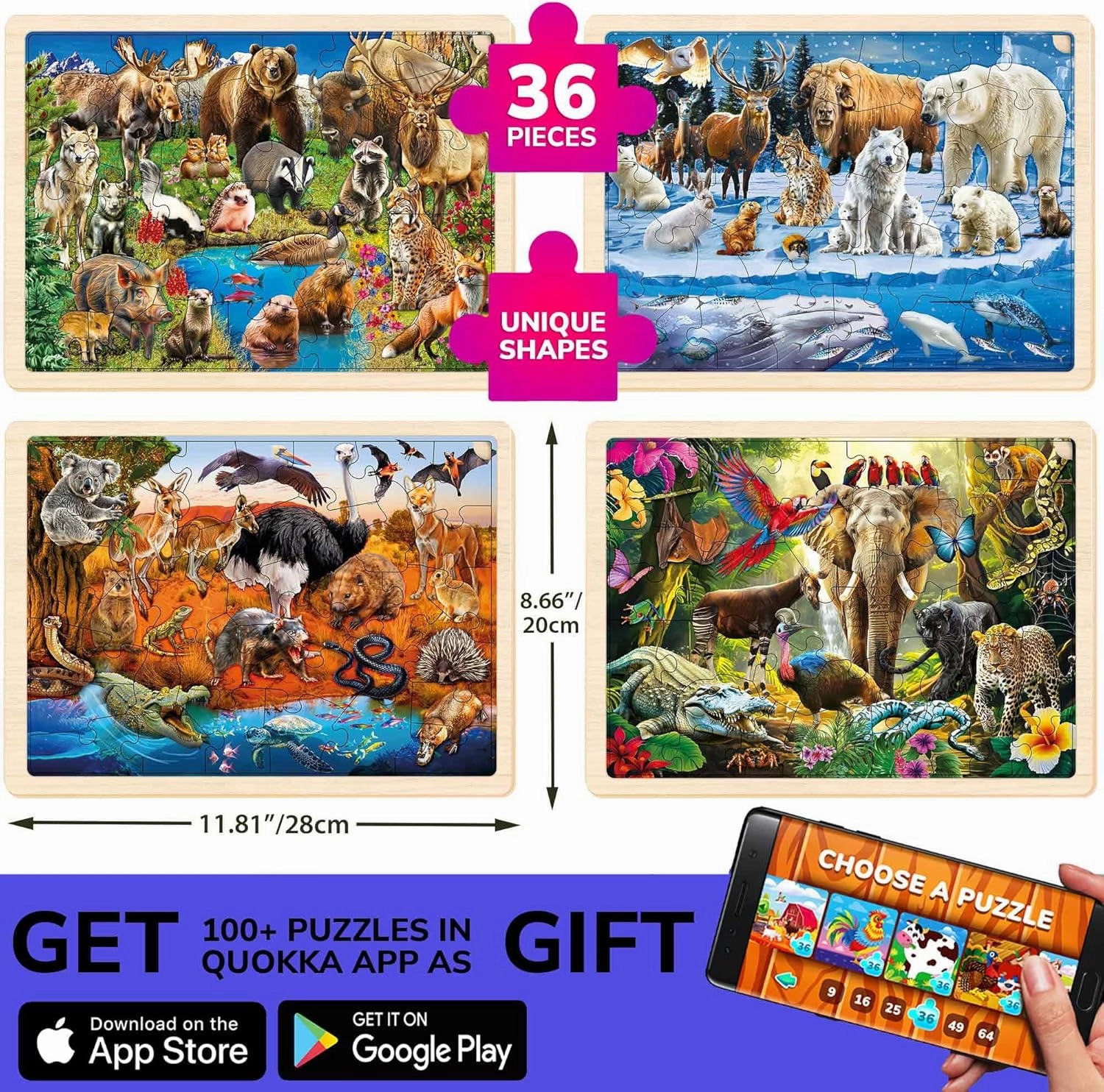 QUOKKA 4SET Puzzles for Kids Ages 4-6 - 36 Pcs Wooden Realistic Montessori Puzzles Ages 3-5 - Polar & Tropical Regions, Yellowstone & Australian Animals Learning Games for Boys and Girls 4-8 Year Old
