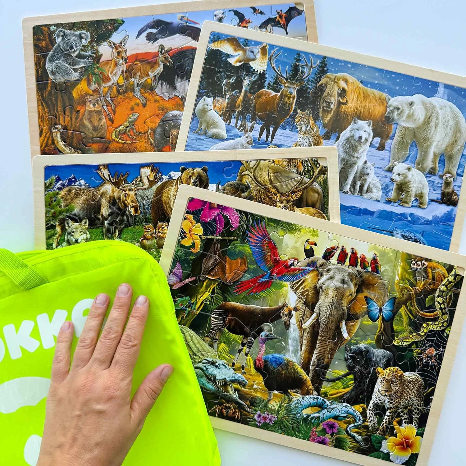 QUOKKA 4SET Puzzles for Kids Ages 4-6 - 36 Pcs Wooden Realistic Montessori Puzzles Ages 3-5 - Polar & Tropical Regions, Yellowstone & Australian Animals Learning Games for Boys and Girls 4-8 Year Old