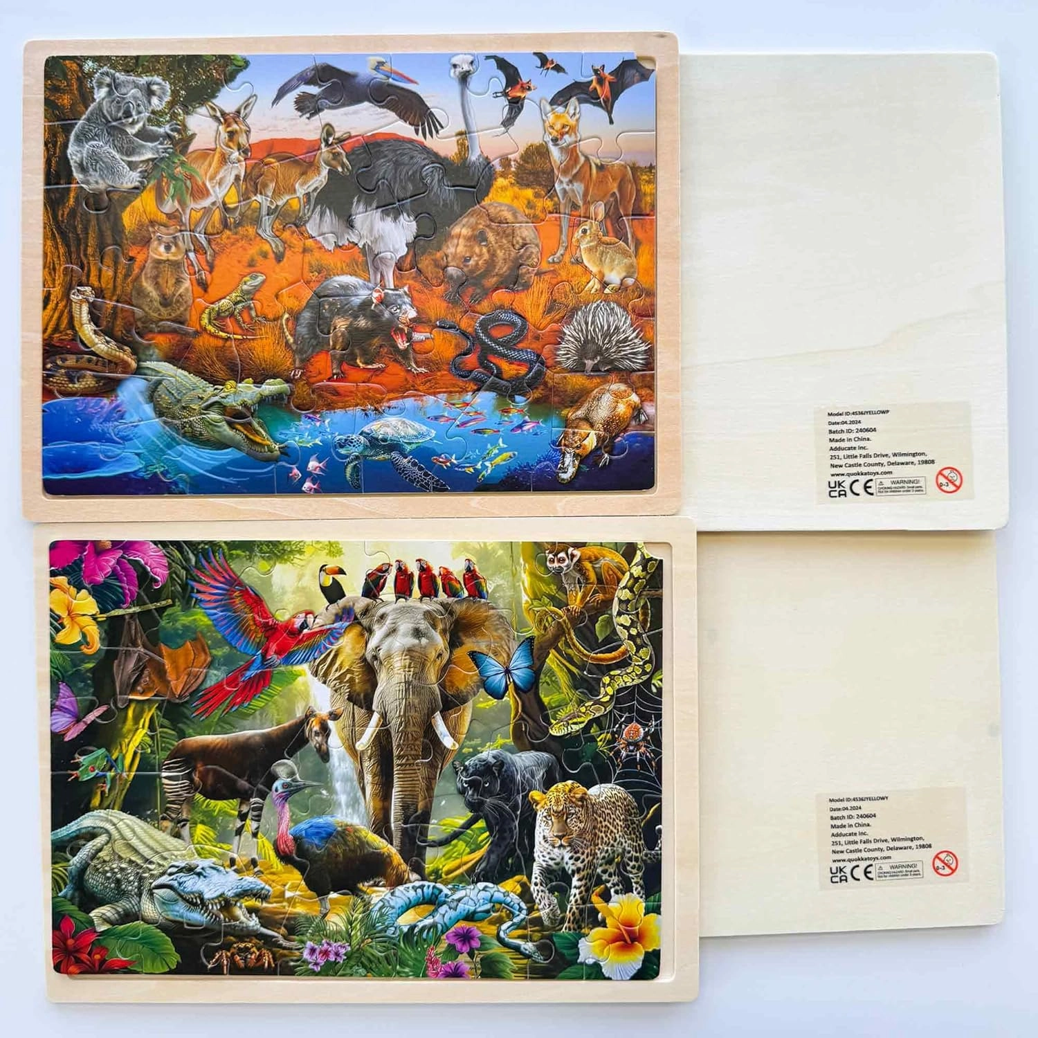 QUOKKA 4SET Puzzles for Kids Ages 4-6 - 36 Pcs Wooden Realistic Montessori Puzzles Ages 3-5 - Polar & Tropical Regions, Yellowstone & Australian Animals Learning Games for Boys and Girls 4-8 Year Old