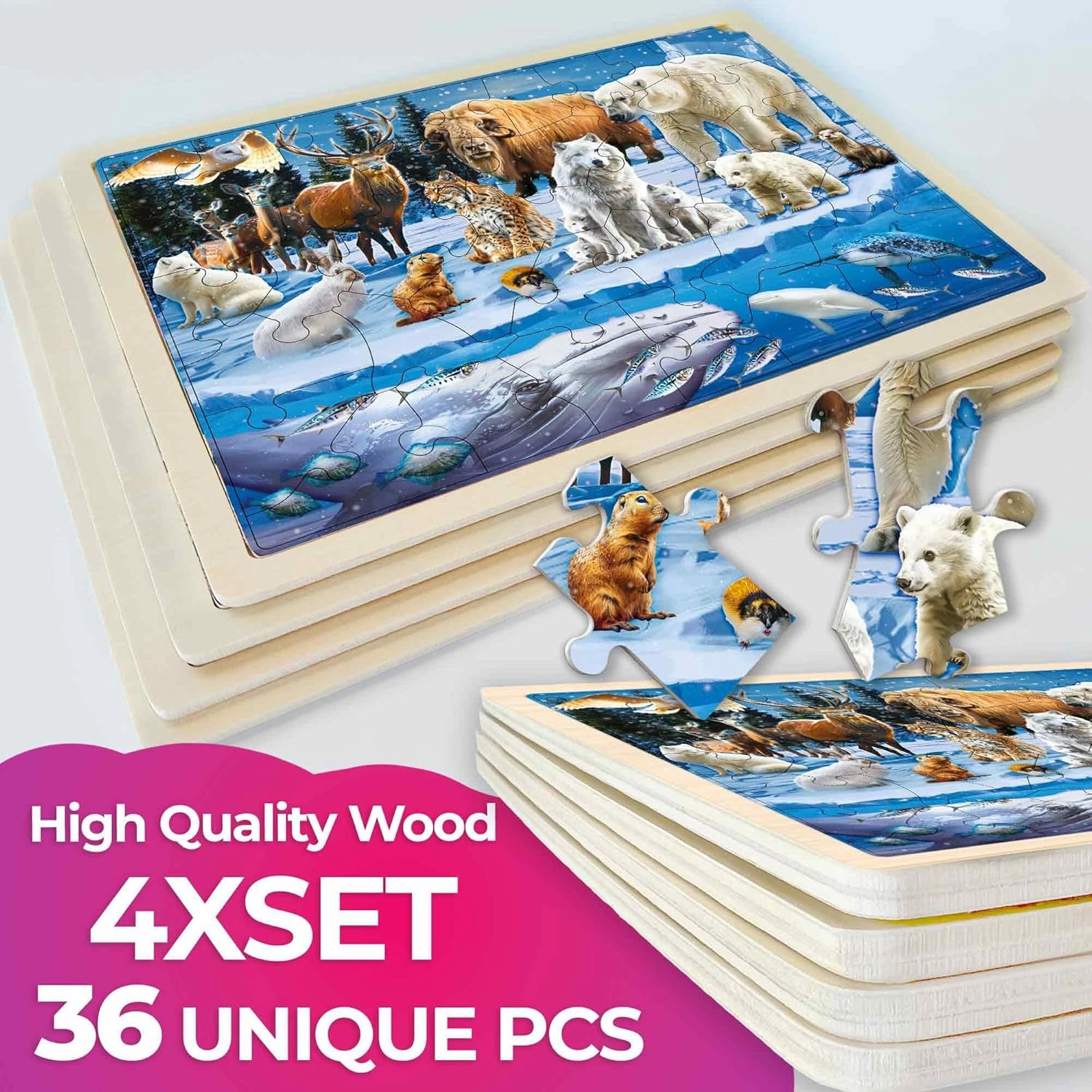 QUOKKA 4SET Puzzles for Kids Ages 4-6 - 36 Pcs Wooden Realistic Montessori Puzzles Ages 3-5 - Polar & Tropical Regions, Yellowstone & Australian Animals Learning Games for Boys and Girls 4-8 Year Old