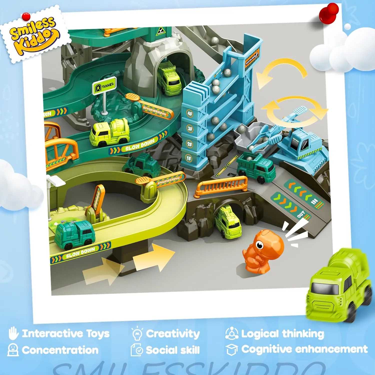 Race Tracks for Kids Ages 3-5, SMILESSKIDDO 73 PCS Dinosaur Car Tracks Toys Gifts for Boys Kids with Music and Engineering Scene Simulation, Construction Car Toddler Boy Toys Gift for Ages 3 