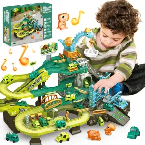 Race Tracks for Kids Ages 3-5, SMILESSKIDDO 73 PCS Dinosaur Car Tracks Toys Gifts for Boys Kids with Music and Engineering Scene Simulation, Construction Car Toddler Boy Toys Gift for Ages 3 