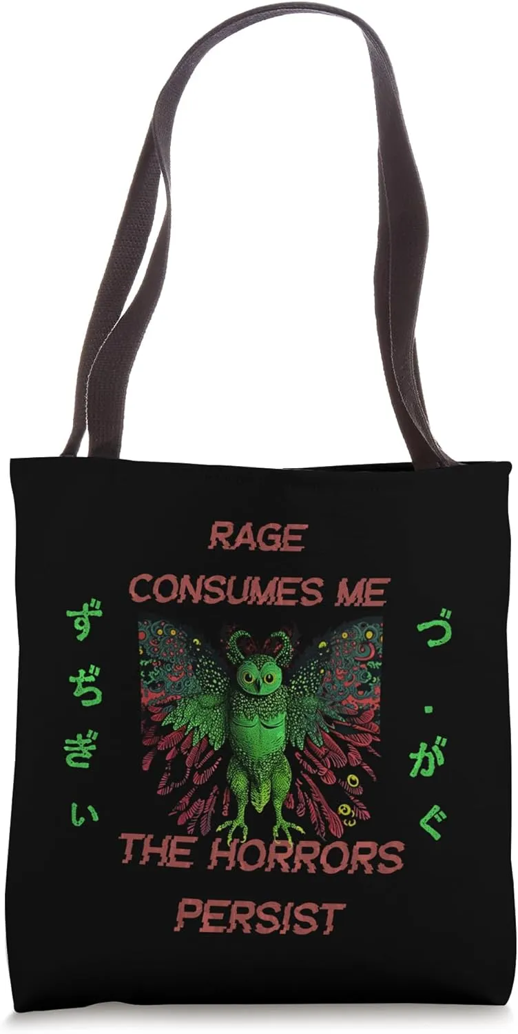 Rage Consumes Me Horrors Persist Funny Retro Owl Moth Quote Tote Bag