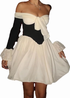 RanRui Women's Pleated Bow Neck Mini Party Dress 2025 Sexy Shoulder French Court Temperament Waist Horn Sleeve Dress
