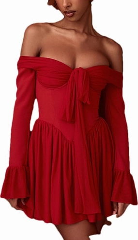 RanRui Women's Pleated Bow Neck Mini Party Dress 2025 Sexy Shoulder French Court Temperament Waist Horn Sleeve Dress