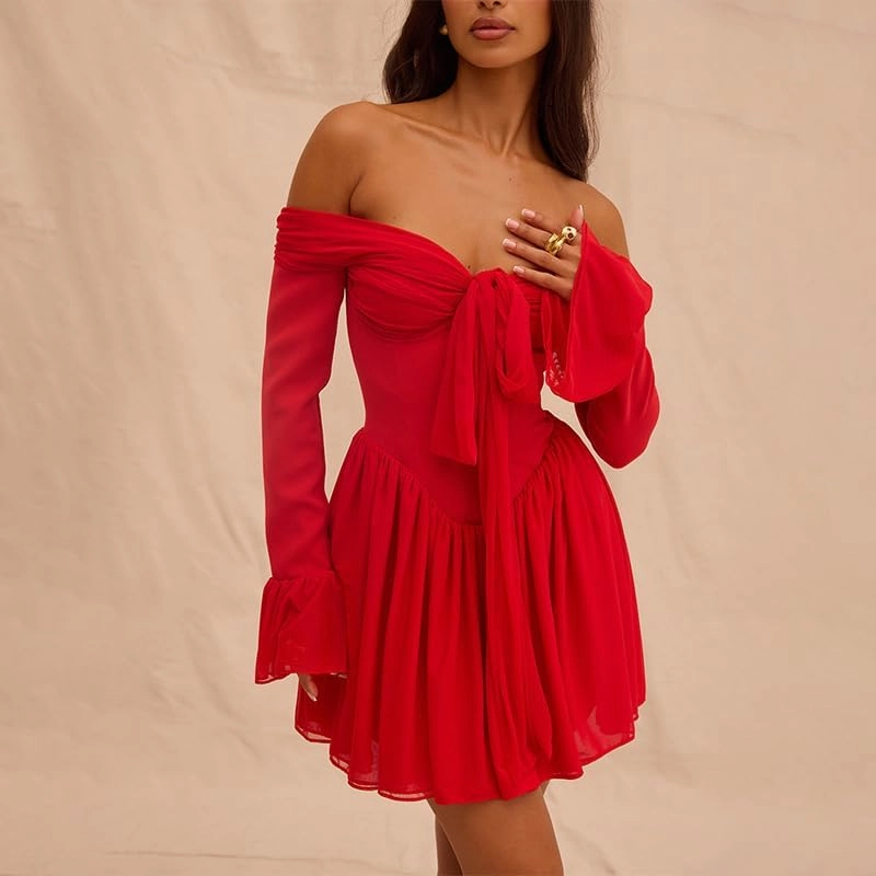 RanRui Women's Pleated Bow Neck Mini Party Dress 2025 Sexy Shoulder French Court Temperament Waist Horn Sleeve Dress