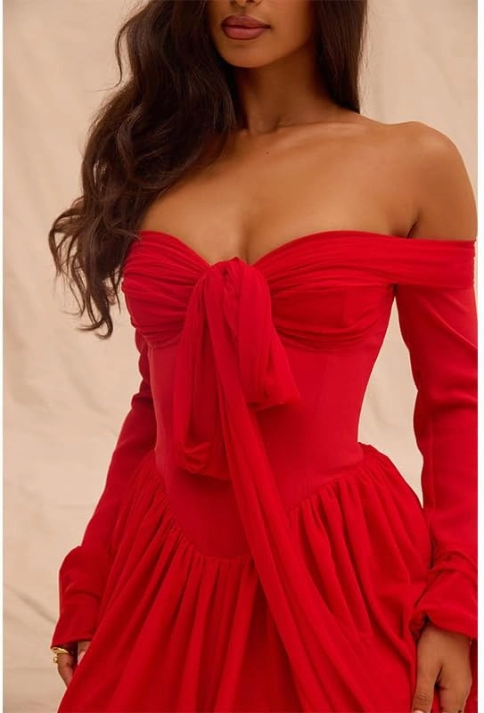 RanRui Women's Pleated Bow Neck Mini Party Dress 2025 Sexy Shoulder French Court Temperament Waist Horn Sleeve Dress