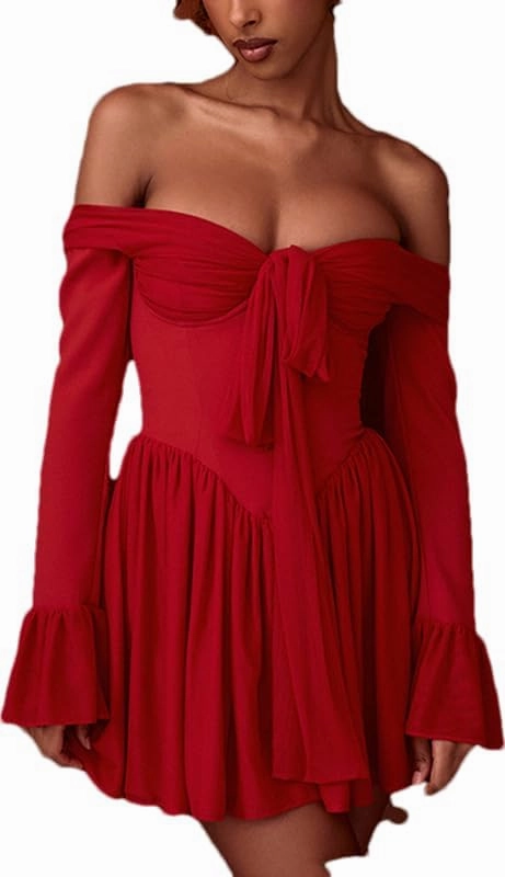 RanRui Women's Pleated Bow Neck Mini Party Dress 2025 Sexy Shoulder French Court Temperament Waist Horn Sleeve Dress