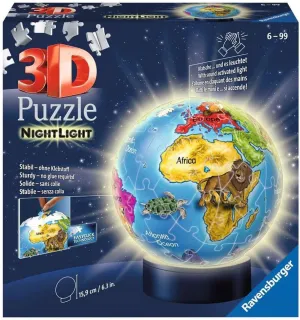 Ravensburger - Illuminated 3D Ball Puzzle - Globe - Ages 6  - 72 Numbered Pieces to Assemble Without Glue - Light Base Included - 12184