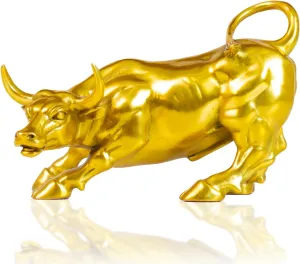 REALONG Brass Gold Bull Figurine - Wall Street Bull Art Decor, Cow/Ox Figure Statue and Sculpture for Home Office Decor
