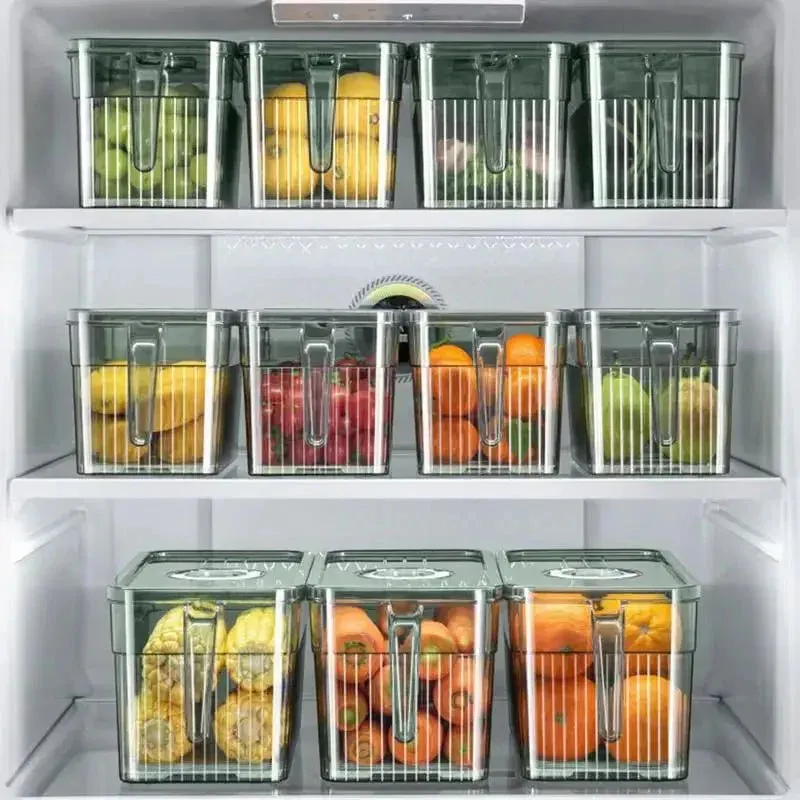 Refrigerator Organizer Bins Clear Square Food Storage Organizer Stackable Kitchen Containers With Lids And Handle Space-Saving