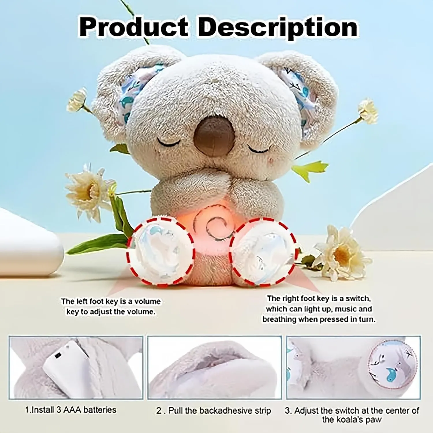 Relief Koala Breathing Stuffed Toy, Anxiety Relief Plush Breathing Animal, Sleeping Koala Plush Breathing with Musical Lights & Rhythmic Breathing Motion (E-Koala Elephant)
