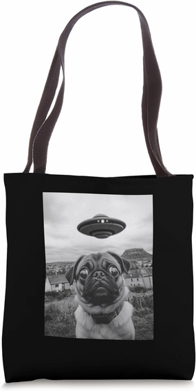 Retro Pug UFO Encounter - Funny Alien Flying Saucer Selfie Tote Bag