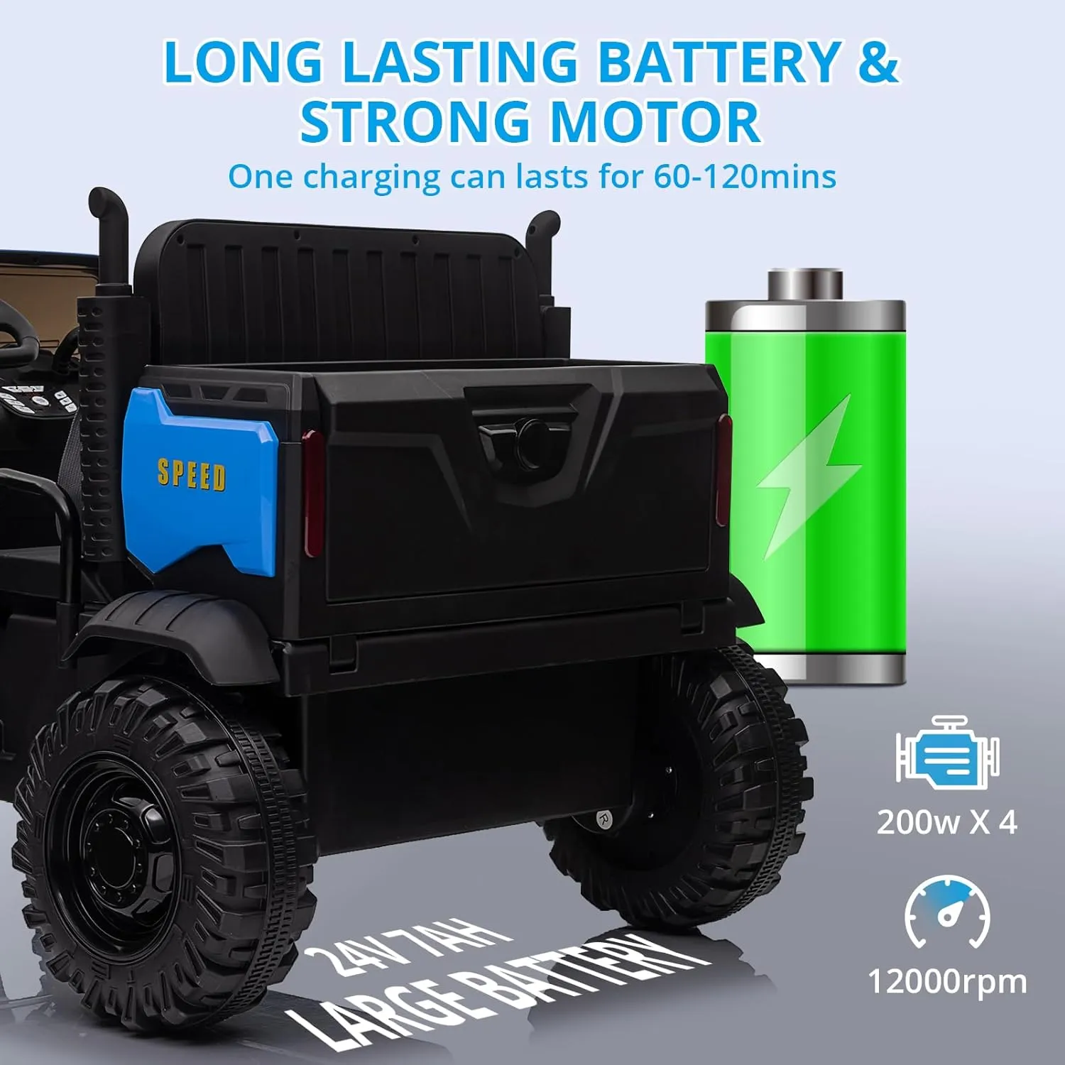 Ride On Car for Kids Baby Car with Remote Control Electric UTV Vehicles with Dump Bed, 24V Kids Electric Car, 4WD Power 4x200W Motors,4xSpring Suspension, 3 Speeds, 2 Seater, Blue