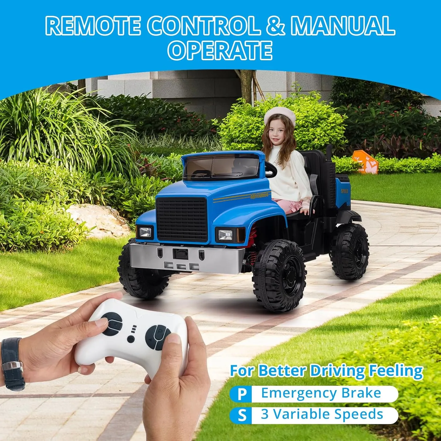 Ride On Car for Kids Baby Car with Remote Control Electric UTV Vehicles with Dump Bed, 24V Kids Electric Car, 4WD Power 4x200W Motors,4xSpring Suspension, 3 Speeds, 2 Seater, Blue