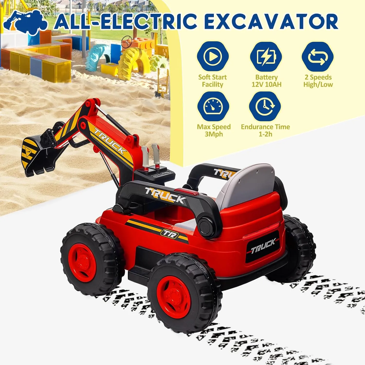 Ride On Excavator for Kids, 12V Electric Excavator Toy, 4WD Kids Ride on Car, Power Wheel with Remote Control, Battery Powered Sand Digger with Spring Suspension, Bluetooth, Red