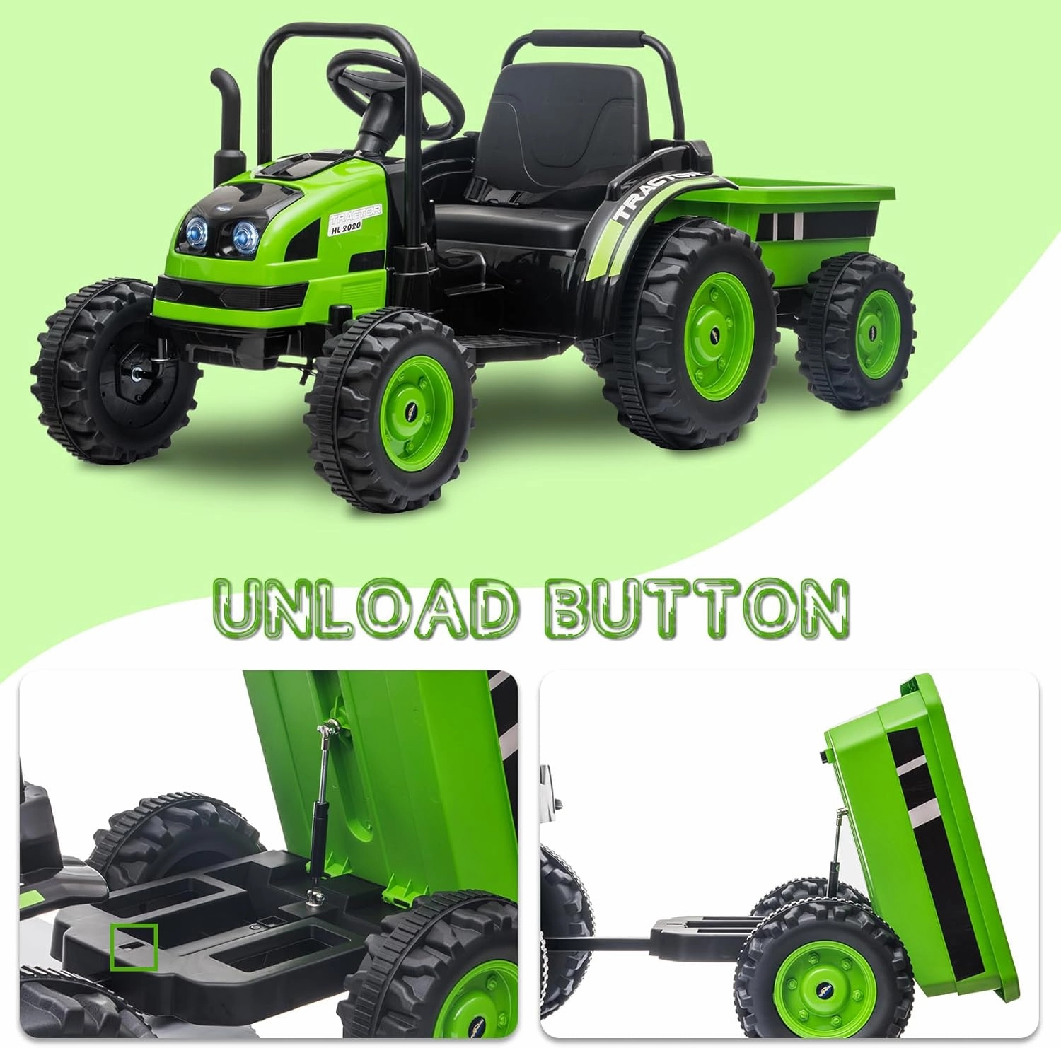 Ride On Tractor with Trailer, Electric Ride On Car for Kids, Tractor Toy with Remote Control, Unload Button, Music, LED Lights, Audio, Safety Belt, 35W Dual Motors, Toys for Boys and Girls