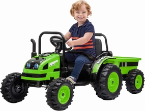 Ride On Tractor with Trailer, Electric Ride On Car for Kids, Tractor Toy with Remote Control, Unload Button, Music, LED Lights, Audio, Safety Belt, 35W Dual Motors, Toys for Boys and Girls