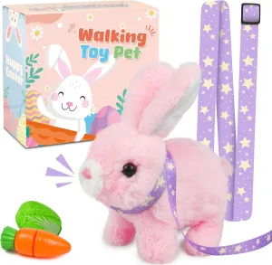 Robot Bunny Pal- My Realistic Bunny Toy, Bunny Realistic Bunny with Sounds, Jumping, Twitching, and Shaking Ears, Interactive Plush Bunny for Kids with Leash, Birthday Gift for Easter Toddler (Pink)