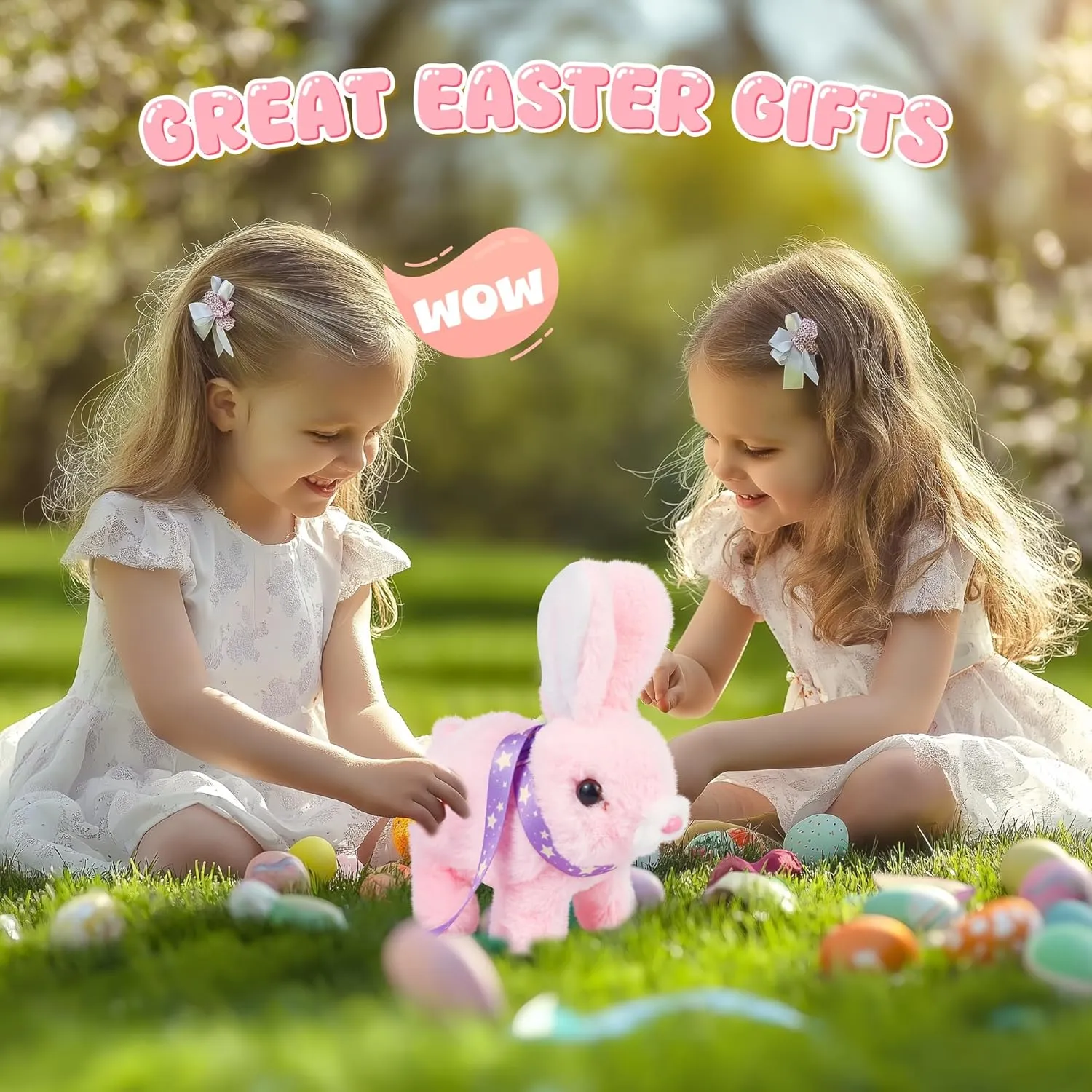 Robot Bunny Pal- My Realistic Bunny Toy, Bunny Realistic Bunny with Sounds, Jumping, Twitching, and Shaking Ears, Interactive Plush Bunny for Kids with Leash, Birthday Gift for Easter Toddler (Pink)