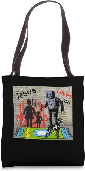 Robot illustration and a path to salvation through Jesus Tote Bag
